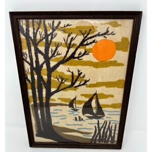 Vintage Completed Crewel Stitchery Needlepoint Sunset Bay Sail Boat Sailing 9X12